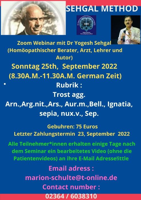ONLINE Homöopathie-Seminar „Die Sehgal-Methode“ Differenzierung der Gemütsrubriken